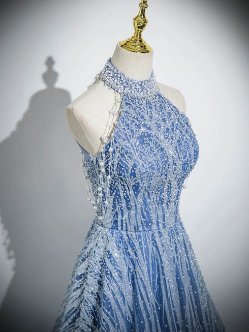 A-line Tulle Beaded Halter Long Open Back Prom Dress, Blue Party Dress
