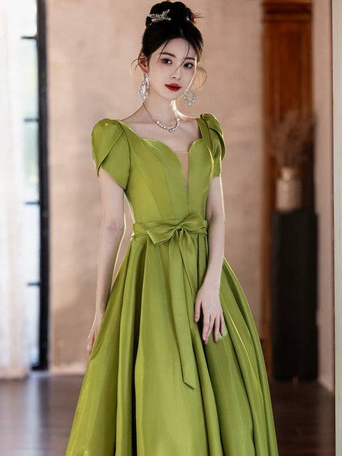 A-line Green Satin Simple Short Sleeves Party Dress, Green Satin Prom Dress