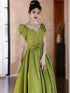 A-line Green Satin Simple Short Sleeves Party Dress, Green Satin Prom Dress