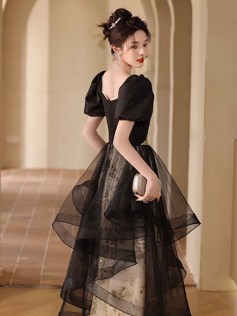 Black A-line Short Sleeves Tulle Long Party Dress, Black Prom Dress Evening Dress