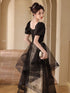 Black A-line Short Sleeves Tulle Long Party Dress, Black Prom Dress Evening Dress