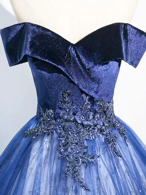 Blue Tulle with Lace Off Shoulder Party Dress, Blue Tulle Sweet 16 Dress