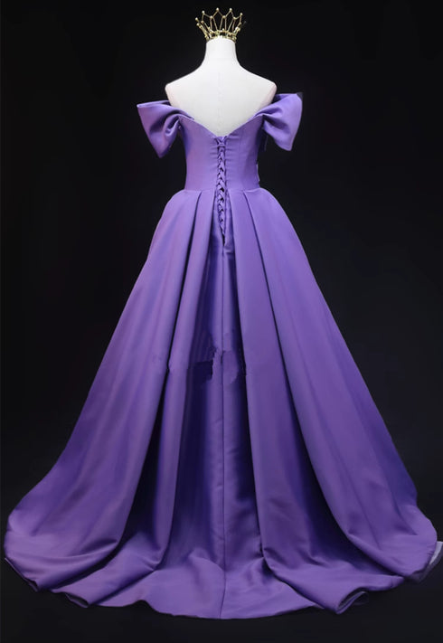 Purple Satin A-line Off Shoulder Long Party Dress, Purple Evening Dress Prom Dress