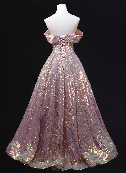 Pink Sequins Off Shoulder A-line Long Prom Dress, Sequins Evening Dress