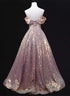 Pink Sequins Off Shoulder A-line Long Prom Dress, Sequins Evening Dress