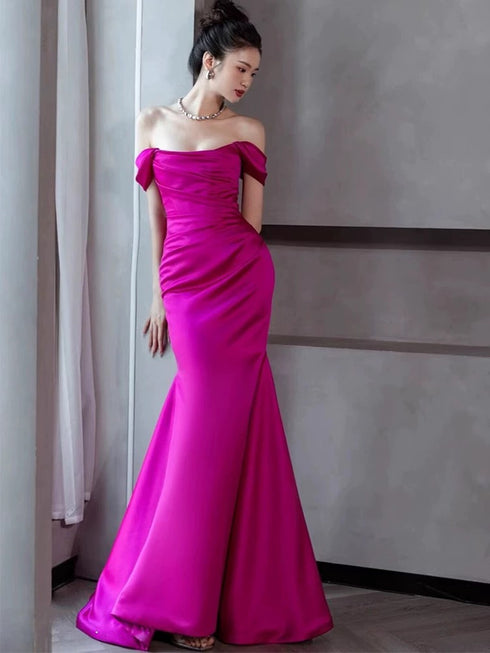 Chic Mermaid Off Shoulder Floor Length Party Dress, Scoop Satin Formal Dress