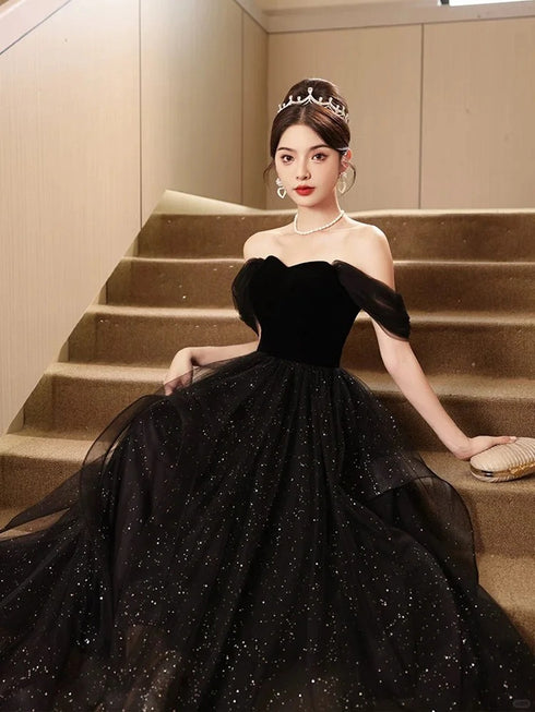 A-line Off Shoulder Black Sweetheart Party Dress, Black Tulle Chic Prom Dress Evening Dress