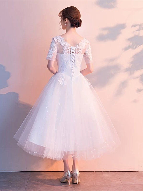 White Tulle Short Sleeves Tea Length Wedding Party Dress, White Tulle Party Dress