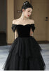 A-line Black Tulle and Velvet Layers Long Party Dress, Off Shoulder Black Prom Dress