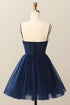 A-line Navy Blue V-neckline Straps Homecoming Dress, Navy Blue Knee Length Short Party Dress