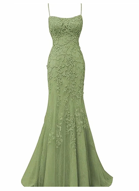 Sage Green Mermaid Long Prom Dress with Lace, Spaghetti Straps Evening Dress