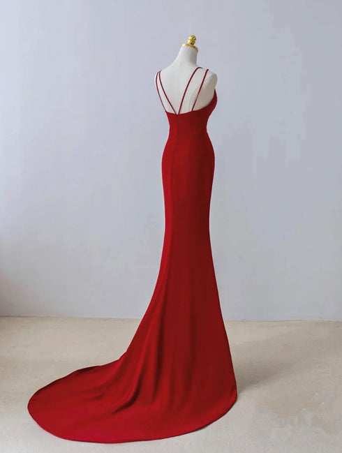 Pretty Red Mermaid Straps Long Evening Dress with Leg Slit, Red Prom Dress