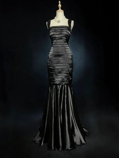 Black Mermaid Straps Long Party Dress Formal Dress, Black Mermaid Evening Dress