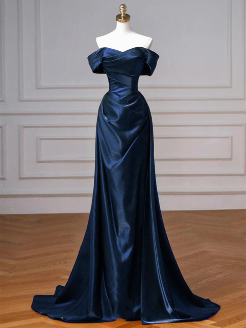 A-line Navy Blue Satin Off Shoulder Prom Dress, Navy Blue Sweetheart Party Dress
