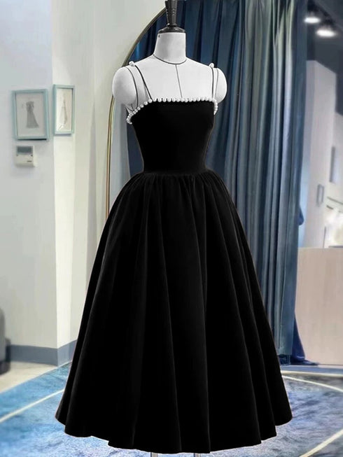 Elegant Velvet Black Straps Tea Length Party Dress, Black Wedding Party Dress