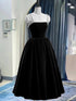 Elegant Velvet Black Straps Tea Length Party Dress, Black Wedding Party Dress
