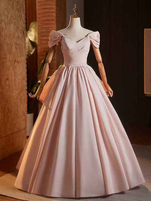 Pink Off Shoulder A-line Pearls Princess Party Dress, Pink Long Prom Dress with Bow