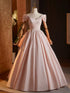 Pink Off Shoulder A-line Pearls Princess Party Dress, Pink Long Prom Dress with Bow