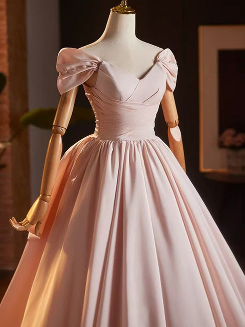 Pink Off Shoulder A-line Pearls Princess Party Dress, Pink Long Prom Dress with Bow