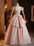 Pink Off Shoulder A-line Pearls Princess Party Dress, Pink Long Prom Dress with Bow