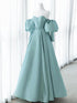 A-line Sweetheart Blue Puffy Sleeves Long Formal Dress, Blue Long Party Dress Prom Dress