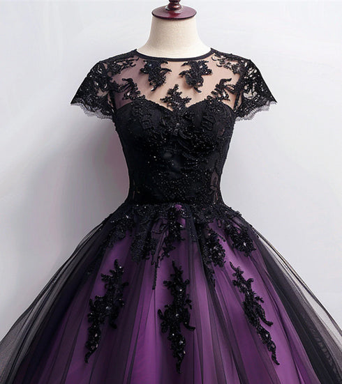 A-line Black and Purple Gothic Knee Length Homecoming Dress, Black and Purple Short Party Dress
