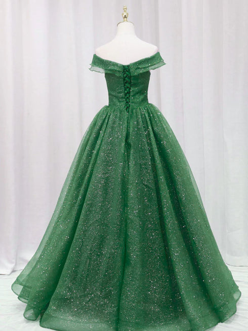 Green Tulle Sweetheart Off Shoulder A-line Prom Dress, Green Tulle Evening Dress
