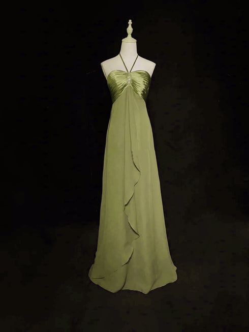 A-line Halter Chiffon and Satin Long Party Dress, Green Low Back Prom Dress
