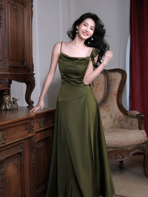 A-line Green Soft Satin Simple Style Prom Dress, Green Floor Length Evening Dress