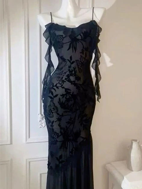 Chic Spaghetti Straps Black Lace Evening Dress Prom Dress, Black Lace Long Party Dress