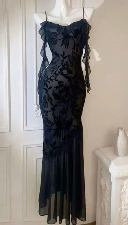 Chic Spaghetti Straps Black Lace Evening Dress Prom Dress, Black Lace Long Party Dress
