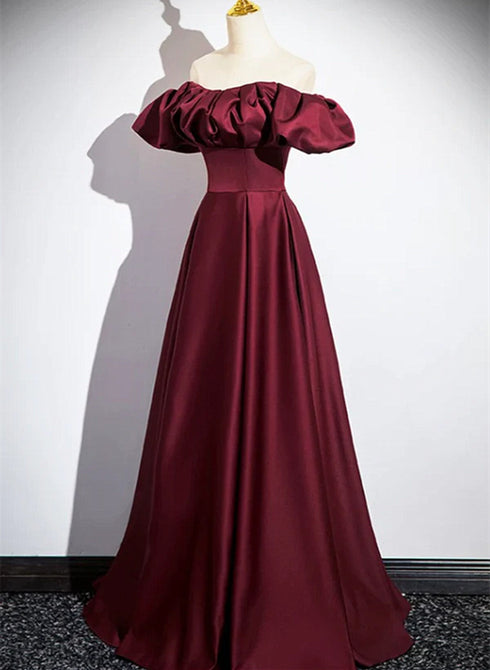 Wine Red Satin Off Shoulder Long Party Dress, Wine Red Satin Prom Dress