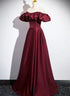 Wine Red Satin Off Shoulder Long Party Dress, Wine Red Satin Prom Dress