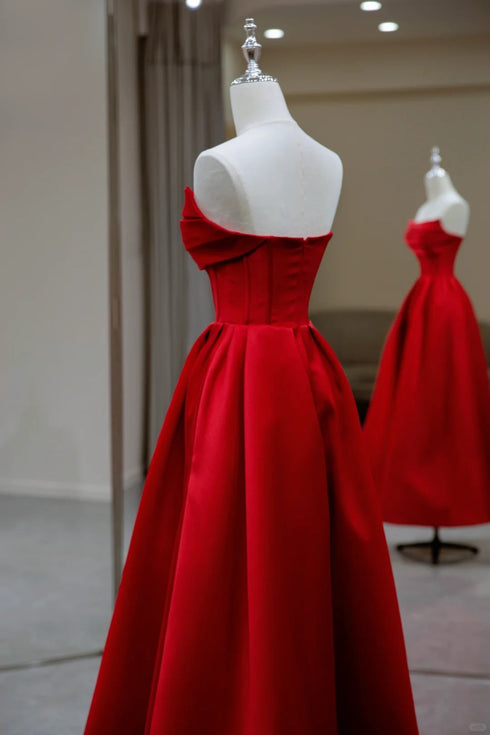 Red A-line Satin Scoop Long Prom Dress Party Dress, Red Satin Evening Dress