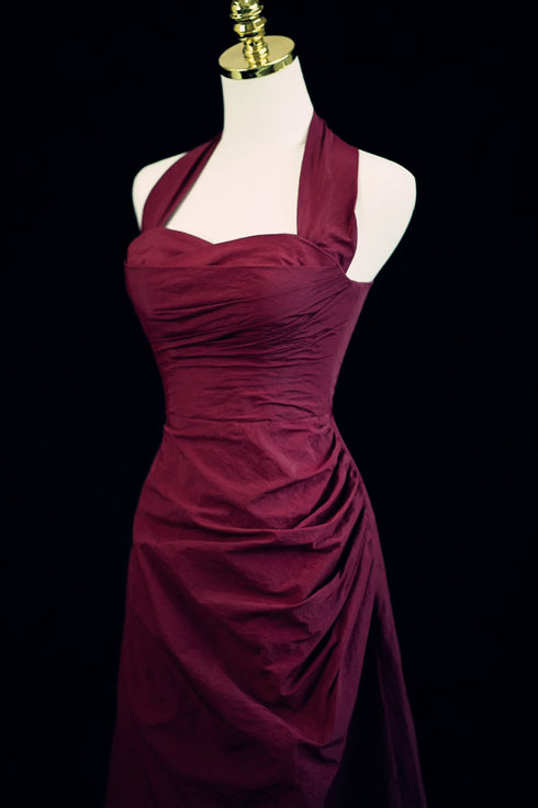 A-line Wine Red Halter Sweetheart Long Party Dress, A-line Prom Dress
