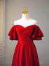 Wine Red Satin Short Sleeves Long Party Dress, Wine Red Satin Prom Dress