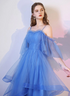 Blue Tulle Straps Beaded Layers Tea Length Party Dress, Blue Homecoming Dress