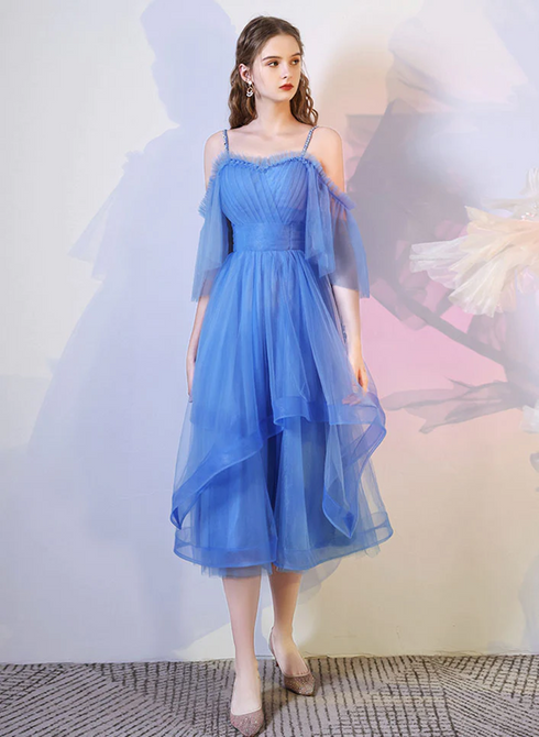 Blue Tulle Straps Beaded Layers Tea Length Party Dress, Blue Homecoming Dress