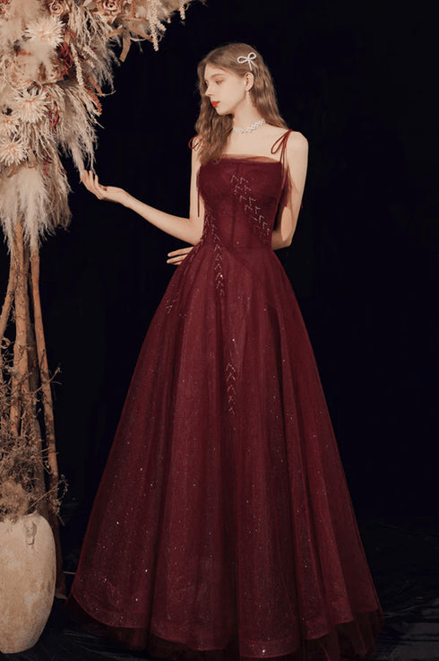 Wine Red Straps Tulle Beaded Long Prom Dress, Wine Red A-line Evening Dress