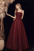 Wine Red Straps Tulle Beaded Long Prom Dress, Wine Red A-line Evening Dress