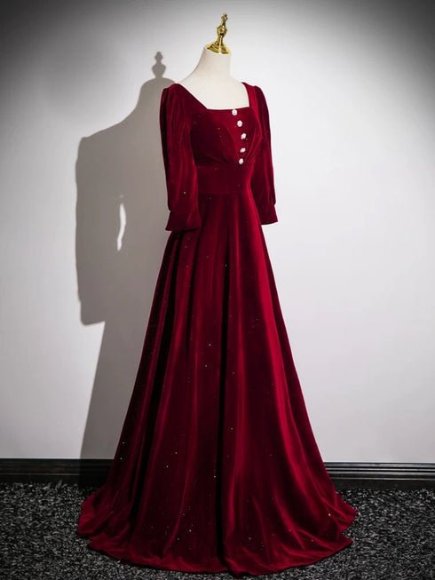 Wine Red Long Sleeves A-line Floor Length Prom Dress, Wine Red Velvet Party Dress