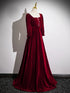 Wine Red Long Sleeves A-line Floor Length Prom Dress, Wine Red Velvet Party Dress