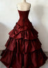 Wine Red Strapless Tiered Satin Prom Dress, Ruffle Ball Gown Long Formal Dress Evening Gown