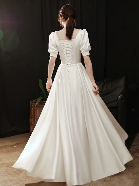 White Satin A-line Short Sleeves Wedding Party Dress, White Satin Long Prom Dress