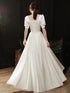 White Satin A-line Short Sleeves Wedding Party Dress, White Satin Long Prom Dress