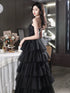 Black Tulle Layers Long Party Dress, A-line Black Tulle Prom Dress