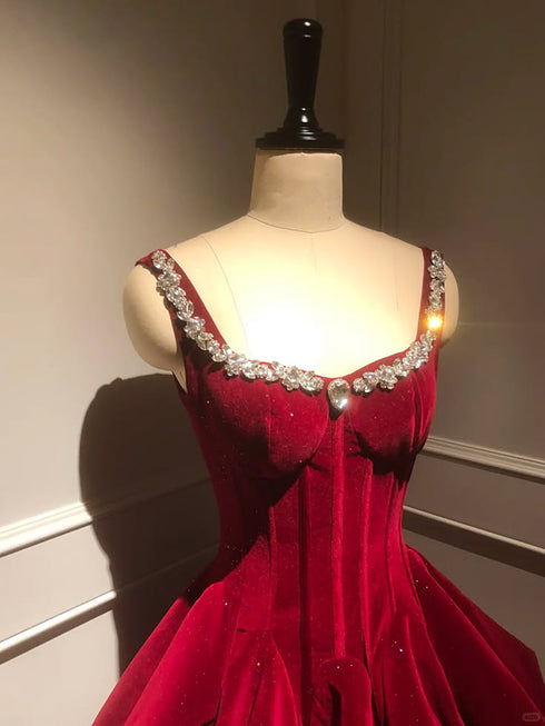 Lovely Wine Red A Line Straps Beaded Velvet Short Prom Dress, Wine Red Homecoming Dress