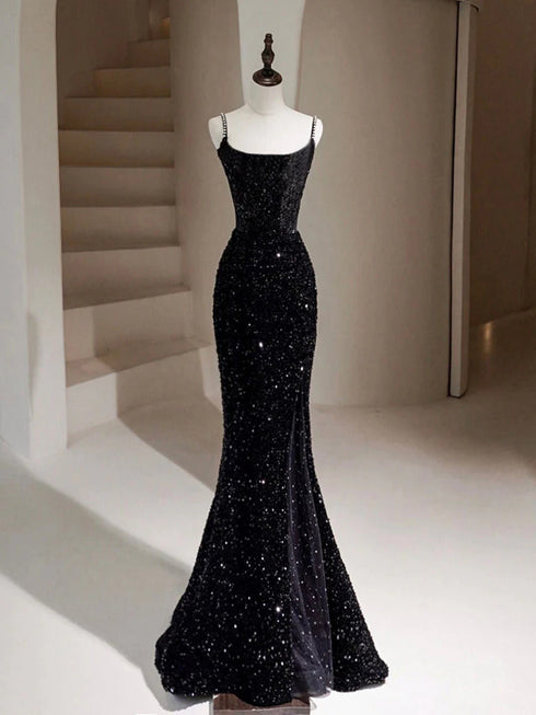 Black Sequins Mermaid Straps Floor Length Prom Dress, Black Sequins Evening Dress Party Dress