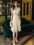 Light Champagne Lace High Neckline Wedding Party Dress, Champagne Lace Homecoming Dress