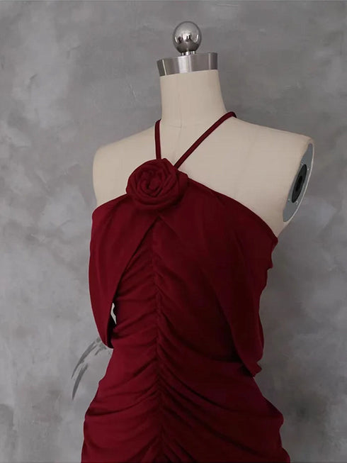 Wine Red Halter Off Shoulder Party Dress, Wine Red Floor Length Long Prom Dress